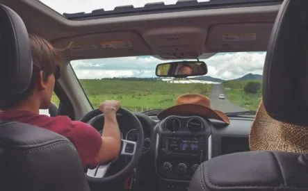 Conducteur sur route de campagne avec vue dégagée par le toit ouvrant