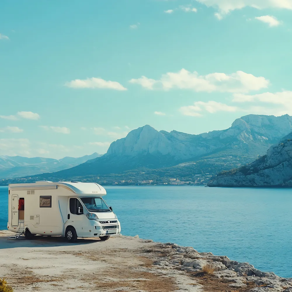 Camping-car stationné au bord d'une falaise avec vue sur la mer et montagnes